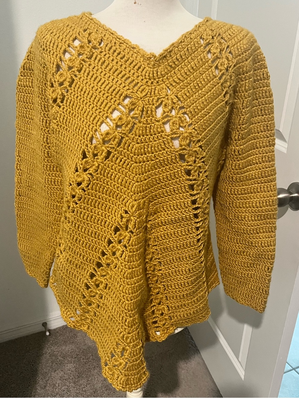 Hand Crafted Mustard Yellow Crochet V-Neck Sweater - Cottagecore
